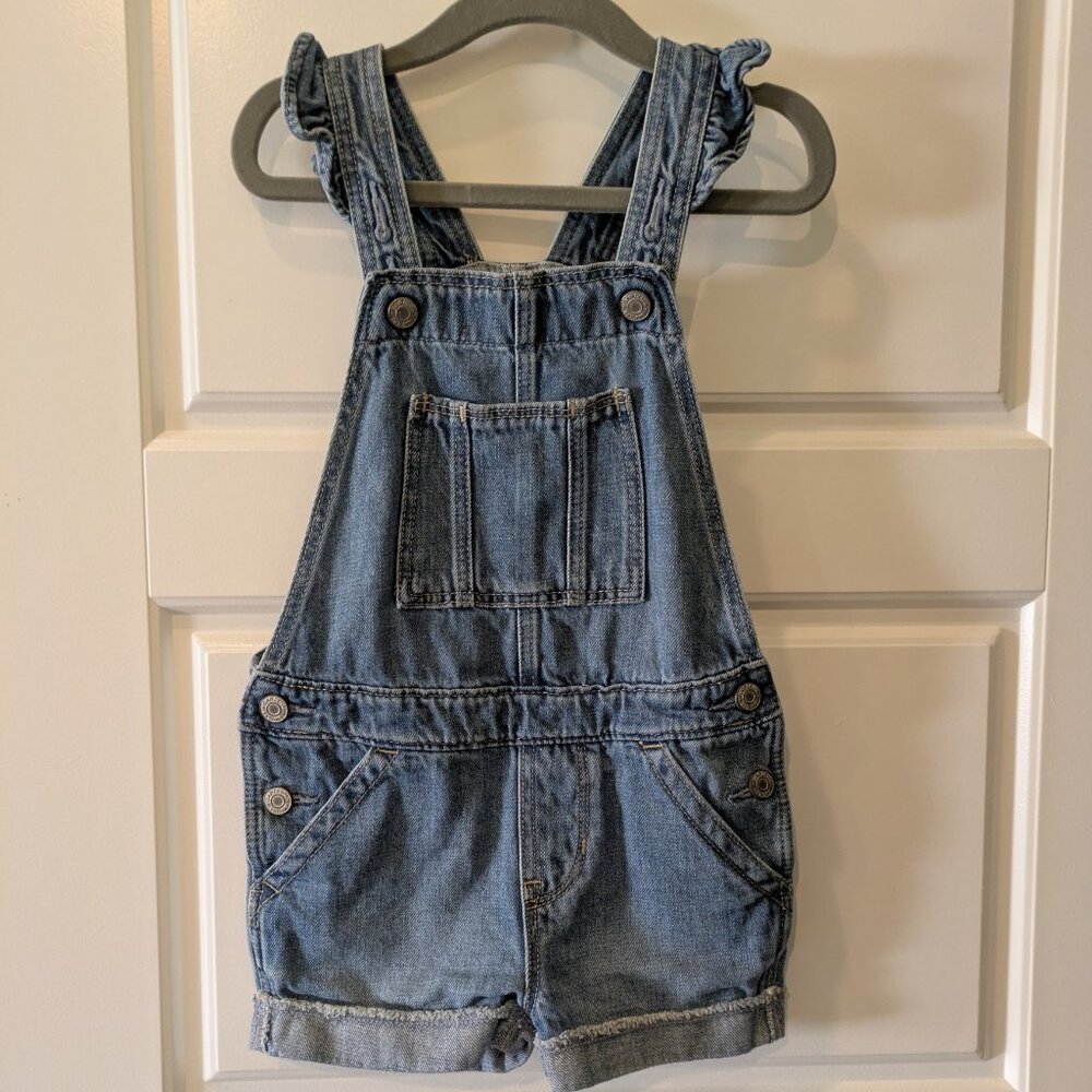 GAP Toddler Ruffle Adjustable Straps Blue Denim Shortall Shortalls Girl 4 Years